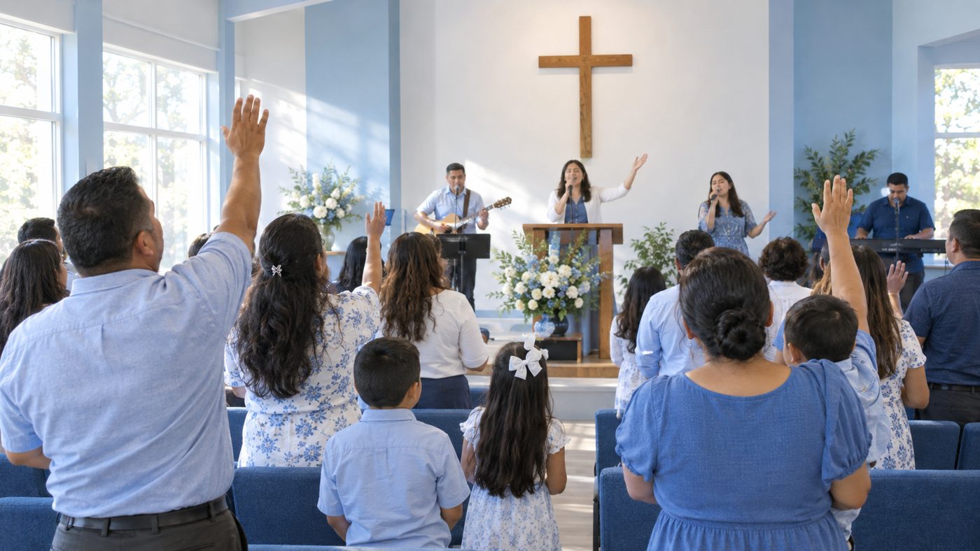 Congregación adorando a Dios en el servicio dominical