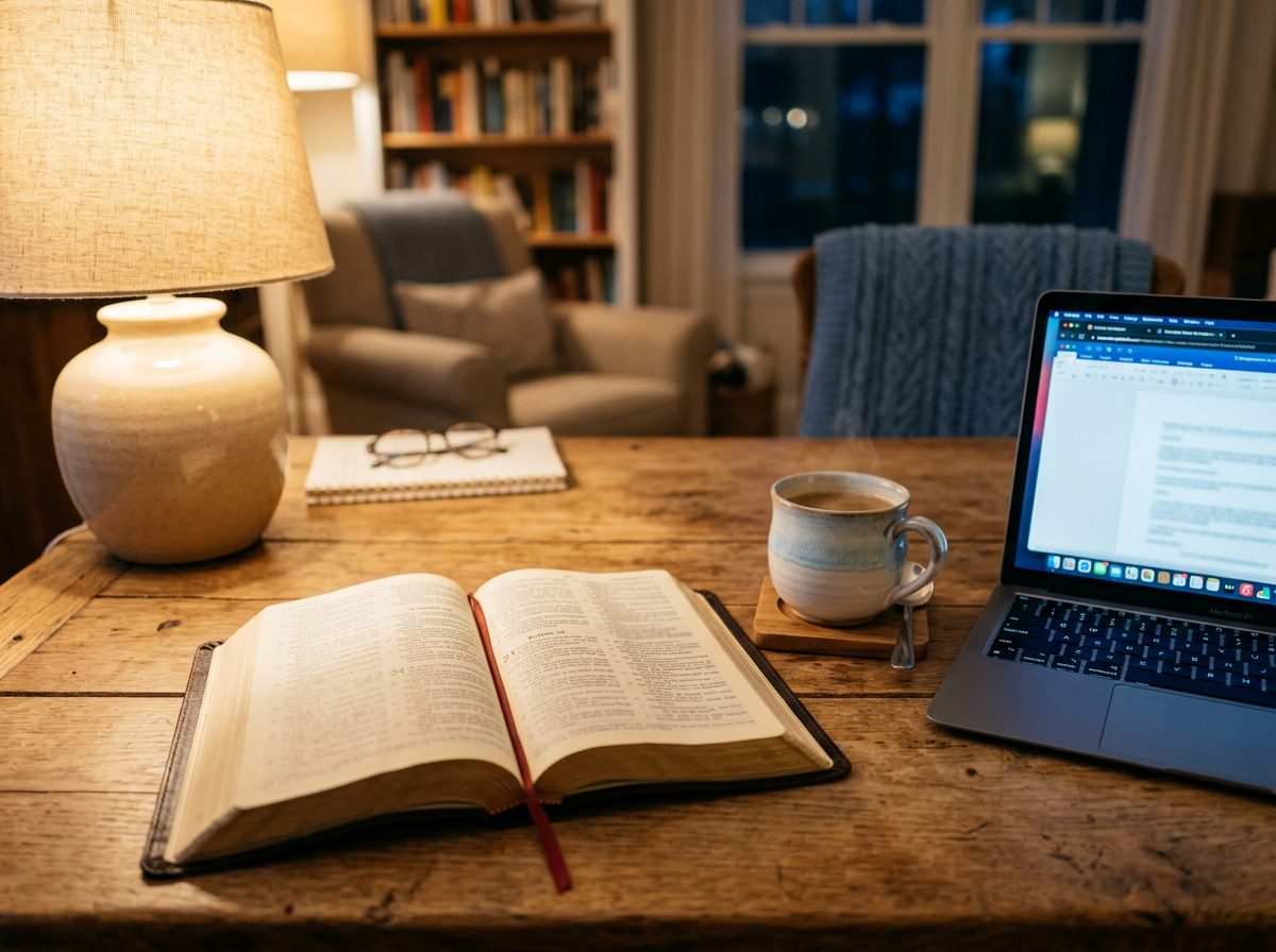 Biblia abierta junto a una laptop para el devocional por Zoom