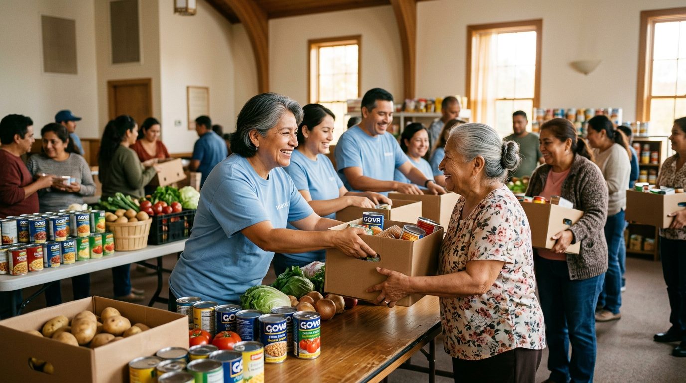Voluntarios entregando alimentos en el pantry
